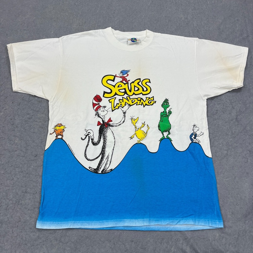 VTG 1997 Universal Studios Dr Seuss Landing Shirt AOP Cat Horton Grinch USA Made